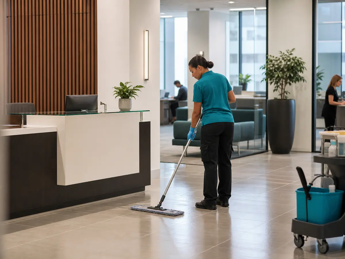 Reinigungskraft bei der professionellen Reinigung eines modernen Gewerbeobjekts