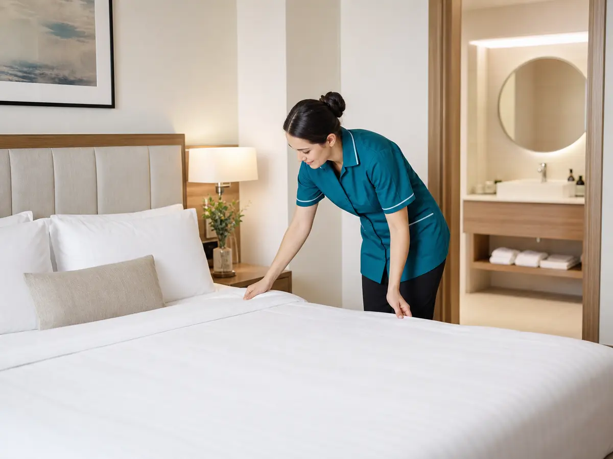 Reinigungskraft beim sorgfältigen Herrichten eines Hotelzimmers