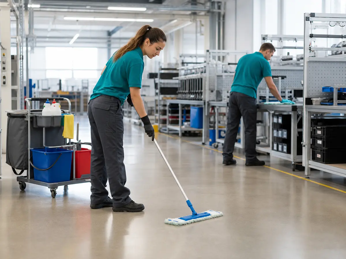 Reinigungspersonal bei sicheren, nicht spezialisierten Arbeiten in einer Industriehalle