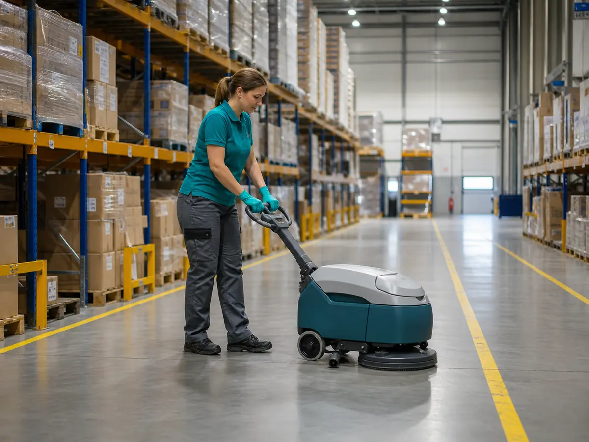 Reinigungskraft bei der Bodenreinigung in einem modernen Logistikzentrum